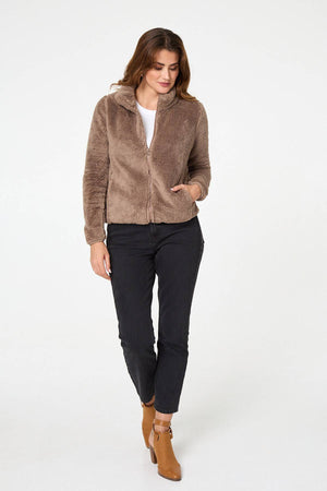 Tan | Soft Texture Zip Front High Neck Fleece 
