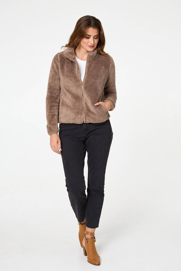 Tan | Soft Texture Zip Front High Neck Fleece 
