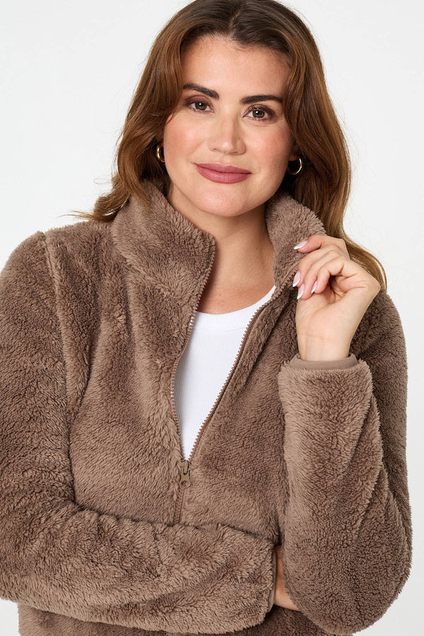Tan | Soft Texture Zip Front High Neck Fleece 
