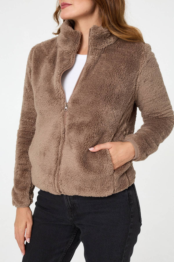 Tan | Soft Texture Zip Front High Neck Fleece 
