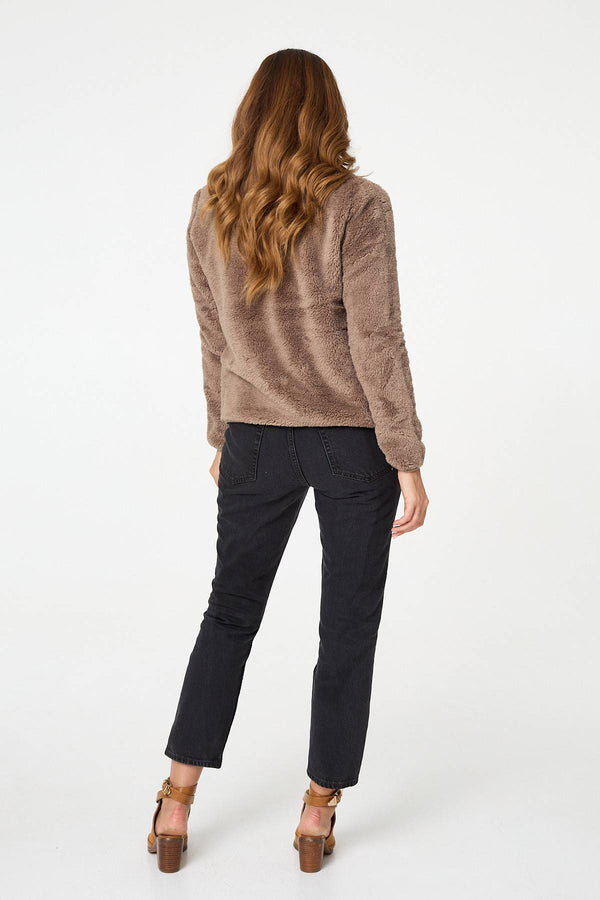 Tan | Soft Texture Zip Front High Neck Fleece 