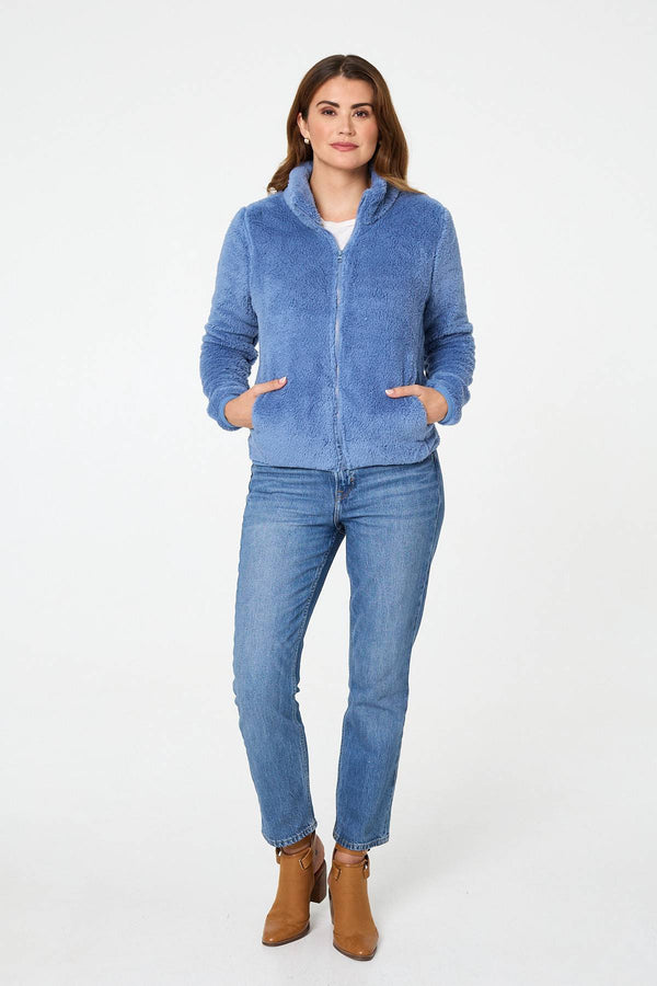 Light Blue | Soft Texture Zip Front High Neck Fleece
