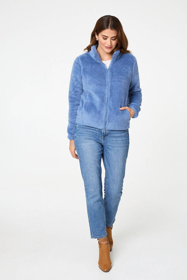 Light Blue | Soft Texture Zip Front High Neck Fleece
