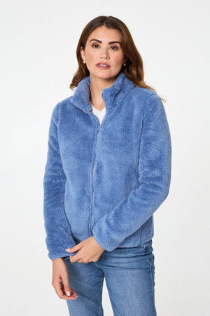 Light Blue | Soft Texture Zip Front High Neck Fleece : Model is 5'9