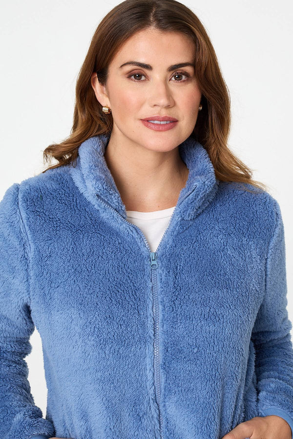 Light Blue | Soft Texture Zip Front High Neck Fleece
