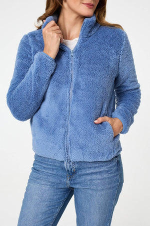 Light Blue | Soft Texture Zip Front High Neck Fleece
