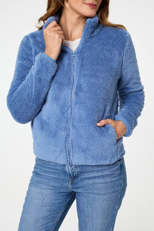 Light Blue | Soft Texture Zip Front High Neck Fleece
