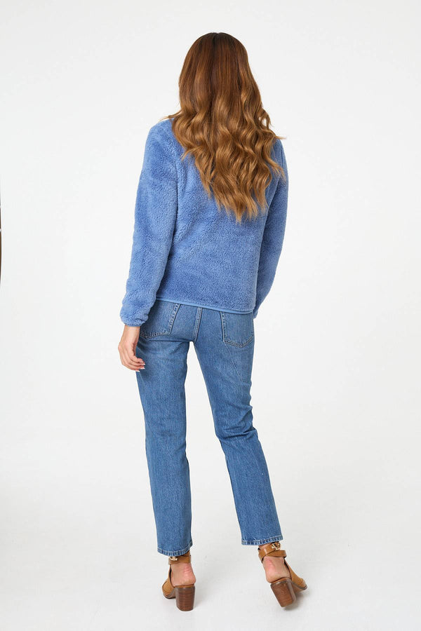 Light Blue | Soft Texture Zip Front High Neck Fleece
