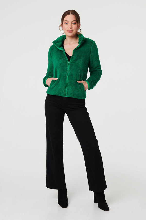 Green | Soft Texture Zip Front High Neck Fleece
