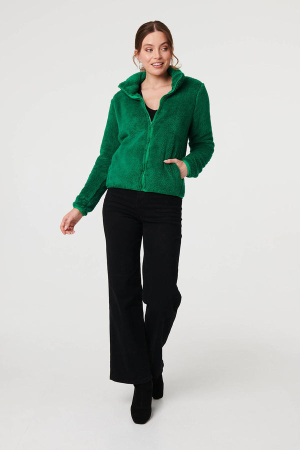 Green | Soft Texture Zip Front High Neck Fleece
