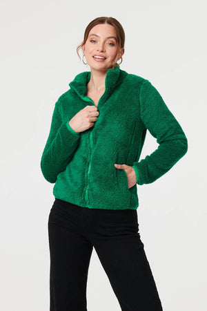 Green | Soft Texture Zip Front High Neck Fleece

