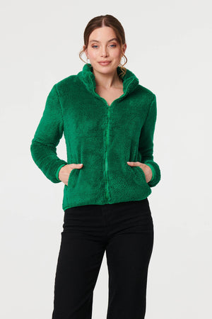 Green | Soft Texture Zip Front High Neck Fleece : Model is 5'9