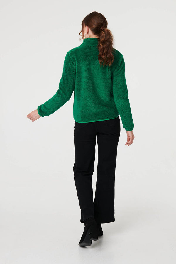 Green | Soft Texture Zip Front High Neck Fleece
