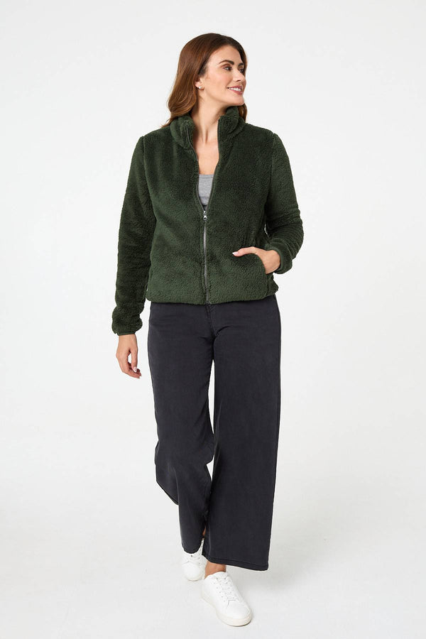 Khaki | Soft Texture Zip Front High Neck Fleece
