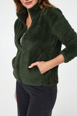 Khaki | Soft Texture Zip Front High Neck Fleece
