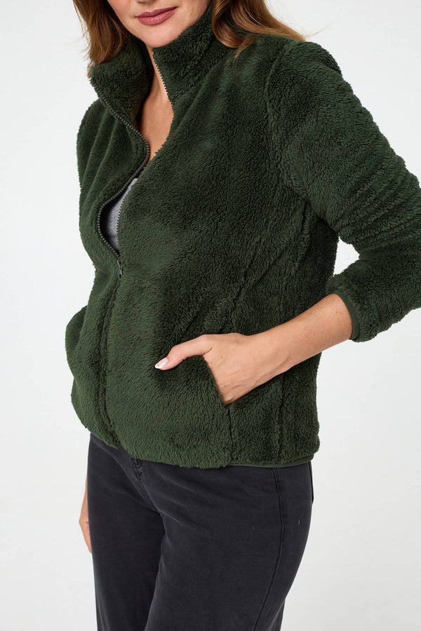 Khaki | Soft Texture Zip Front High Neck Fleece
