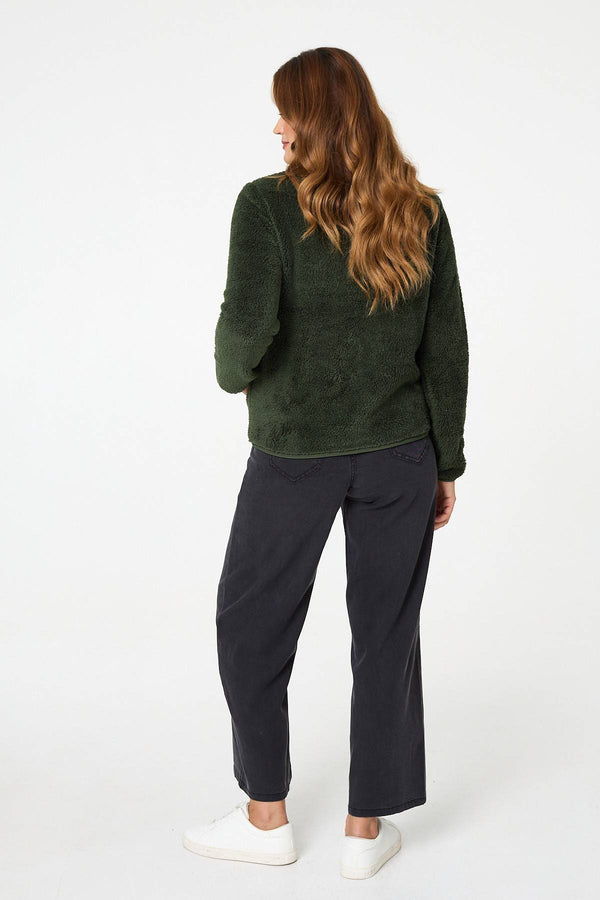 Khaki | Soft Texture Zip Front High Neck Fleece
