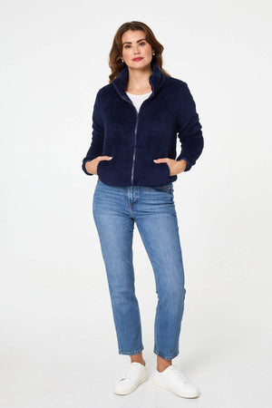 Navy | Soft Texture Zip Front High Neck Fleece
