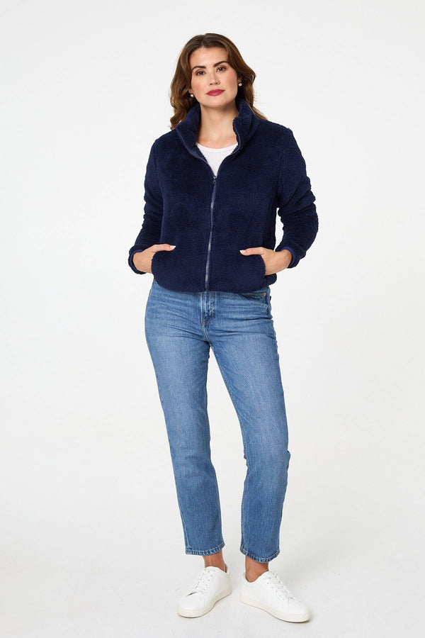 Navy | Soft Texture Zip Front High Neck Fleece
