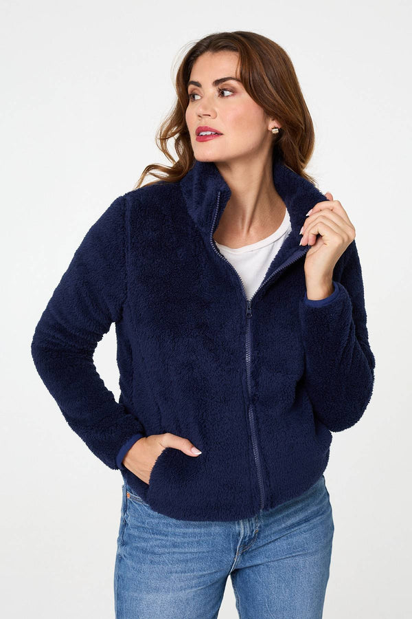 Navy | Soft Texture Zip Front High Neck Fleece : Model is 5'9"/175 cm and wears UK10/EU38/US6/AUS10
