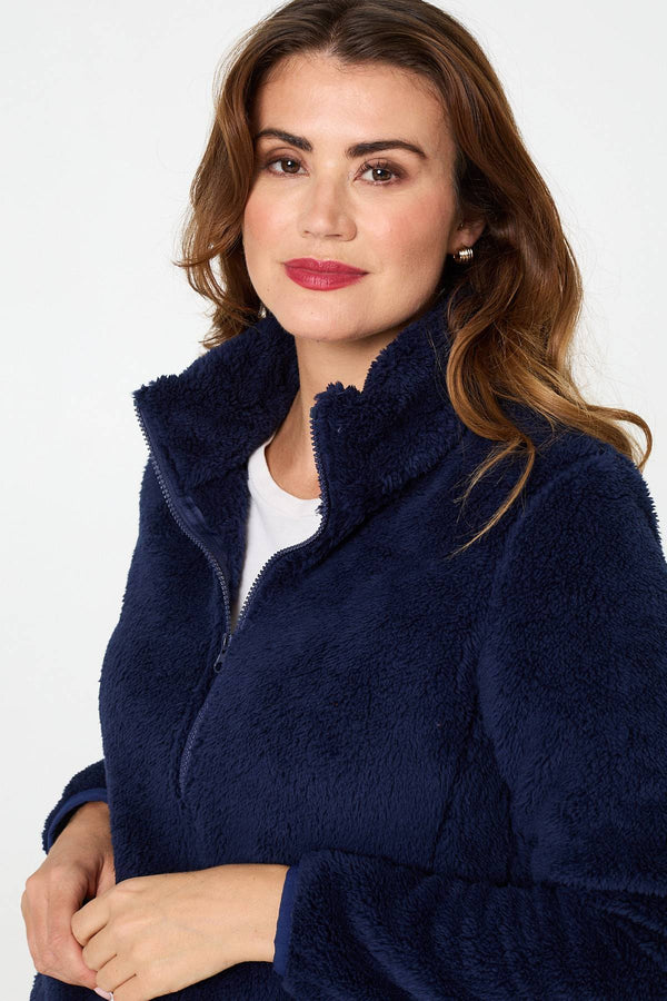 Navy | Soft Texture Zip Front High Neck Fleece
