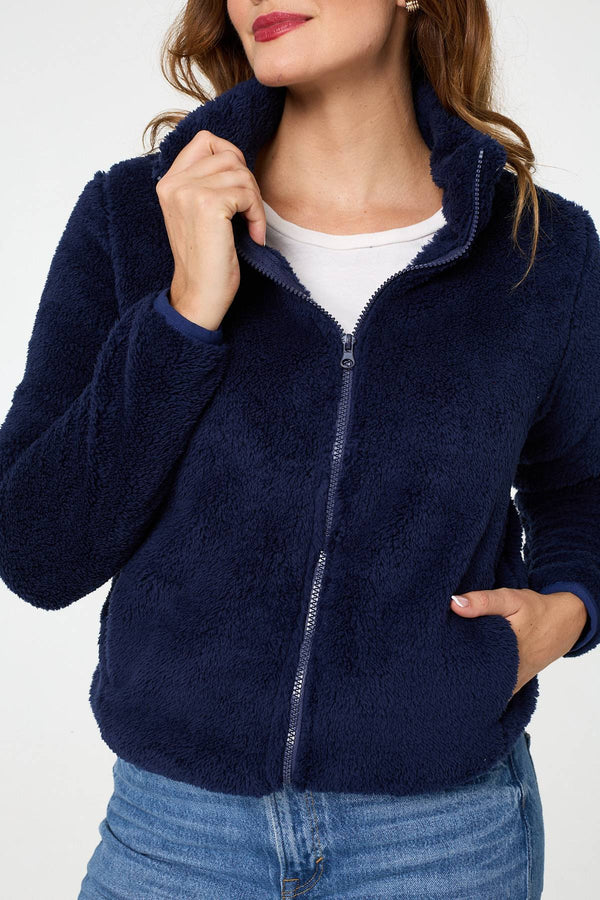 Navy | Soft Texture Zip Front High Neck Fleece
