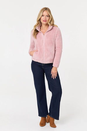 Pink | Soft Texture Zip Front High Neck Fleece
