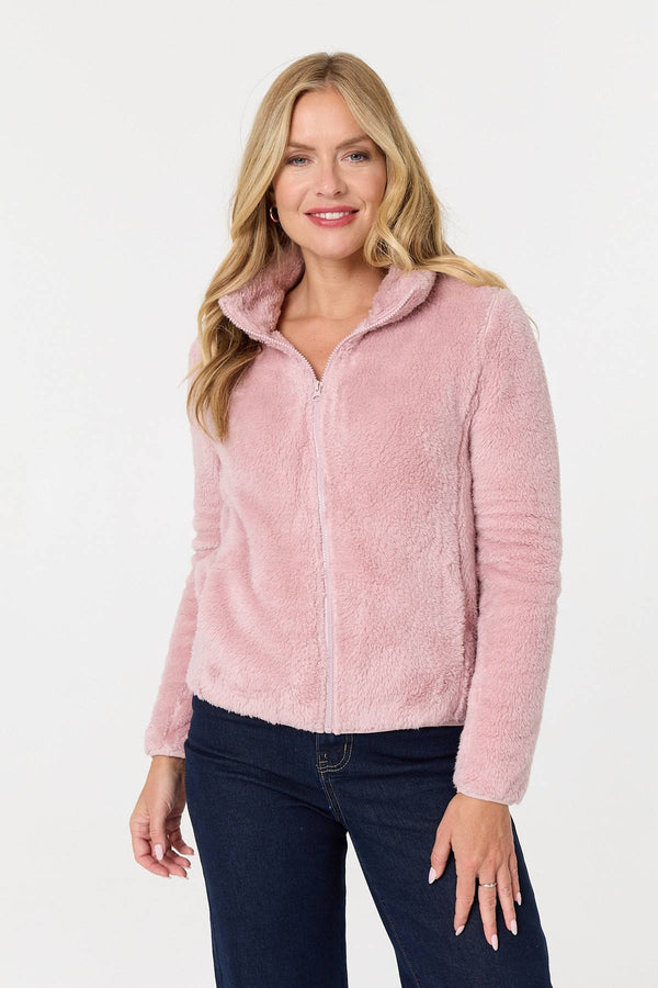 Pink | Soft Texture Zip Front High Neck Fleece
