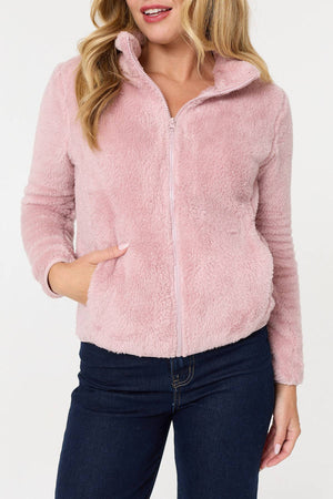 Pink | Soft Texture Zip Front High Neck Fleece
