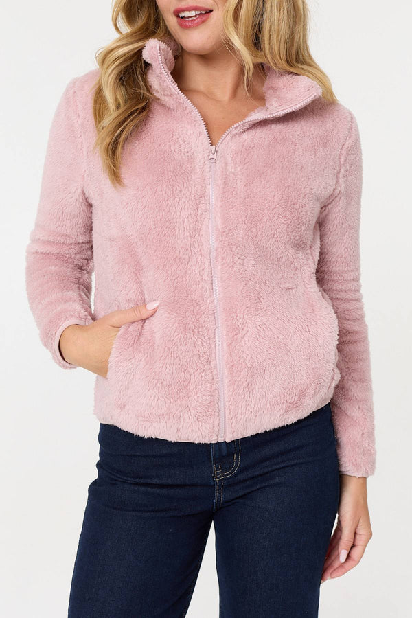 Pink | Soft Texture Zip Front High Neck Fleece
