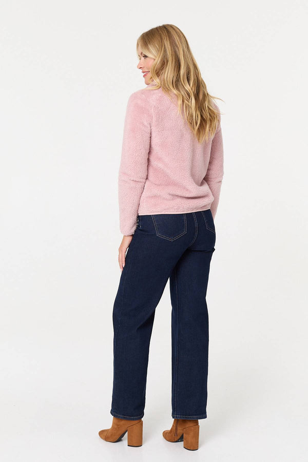Pink | Soft Texture Zip Front High Neck Fleece
