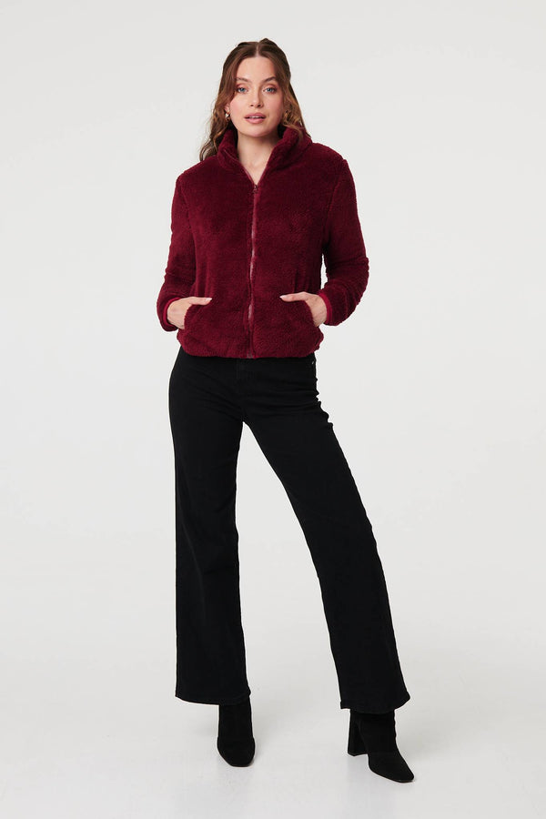 Red | Soft Texture Zip Front High Neck Fleece
