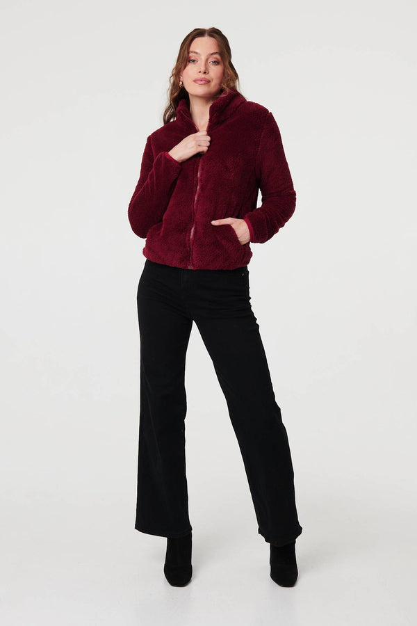 Red | Soft Texture Zip Front High Neck Fleece
