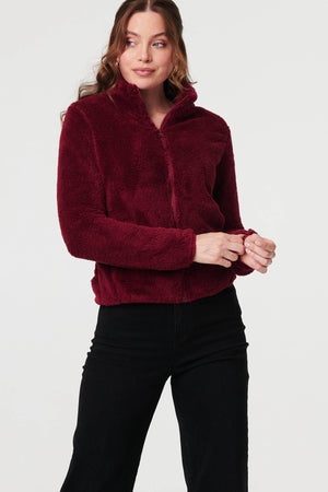 Red | Soft Texture Zip Front High Neck Fleece : Model is 5'9