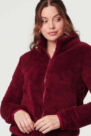 Red | Soft Texture Zip Front High Neck Fleece

