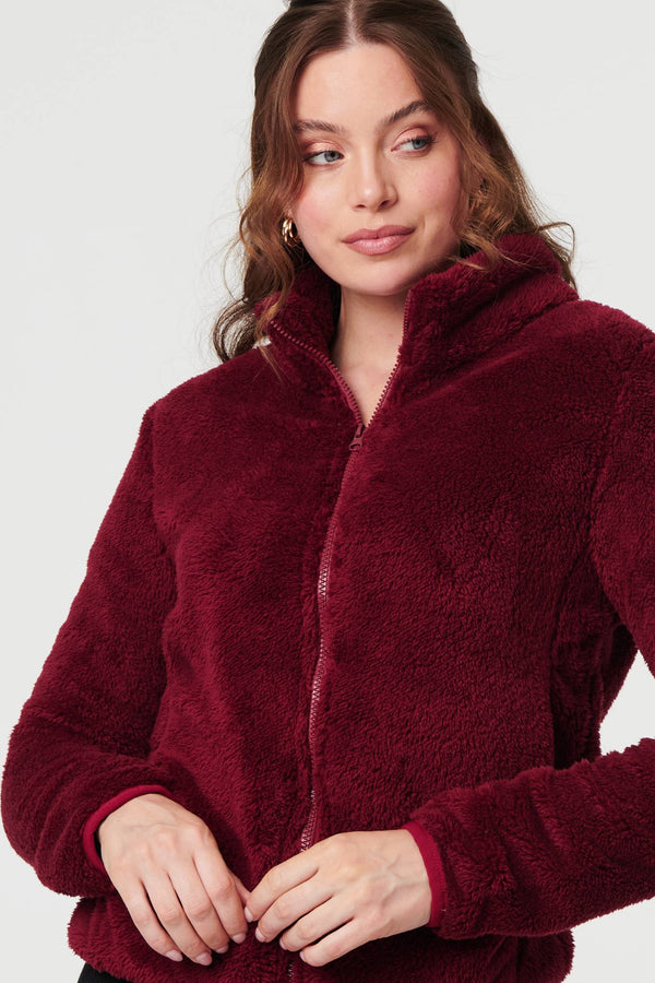 Red | Soft Texture Zip Front High Neck Fleece

