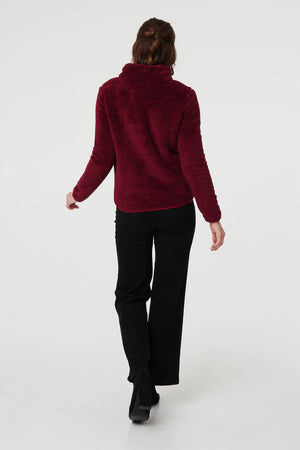 Red | Soft Texture Zip Front High Neck Fleece
