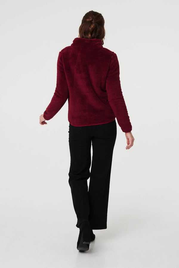 Red | Soft Texture Zip Front High Neck Fleece
