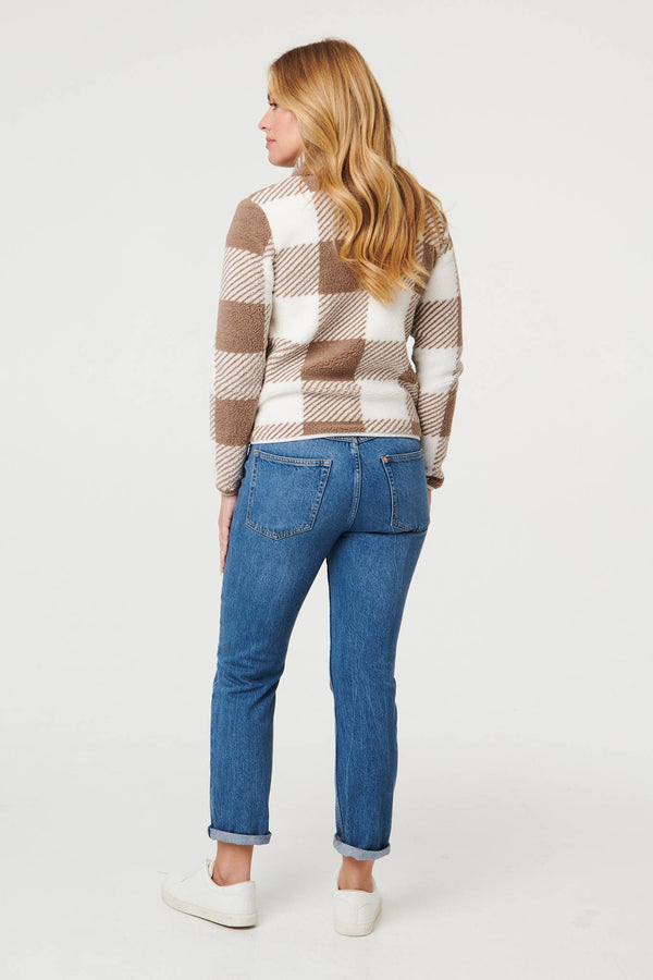 Brown | Checked High Neck Boxy Jacket
