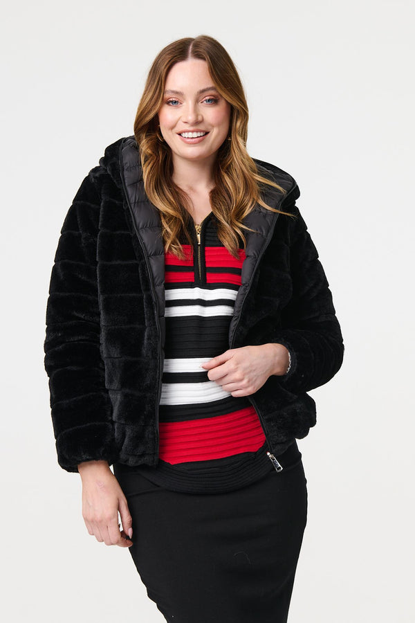 Black | Reversible Faux Fur Hooded Puffer Jacket
