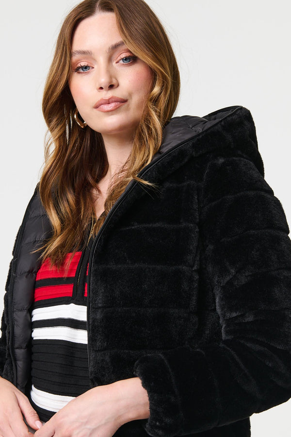 Black | Reversible Faux Fur Hooded Puffer Jacket
