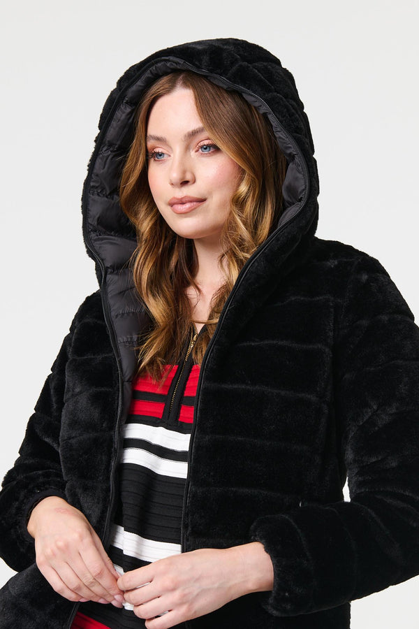 Black | Reversible Faux Fur Hooded Puffer Jacket
