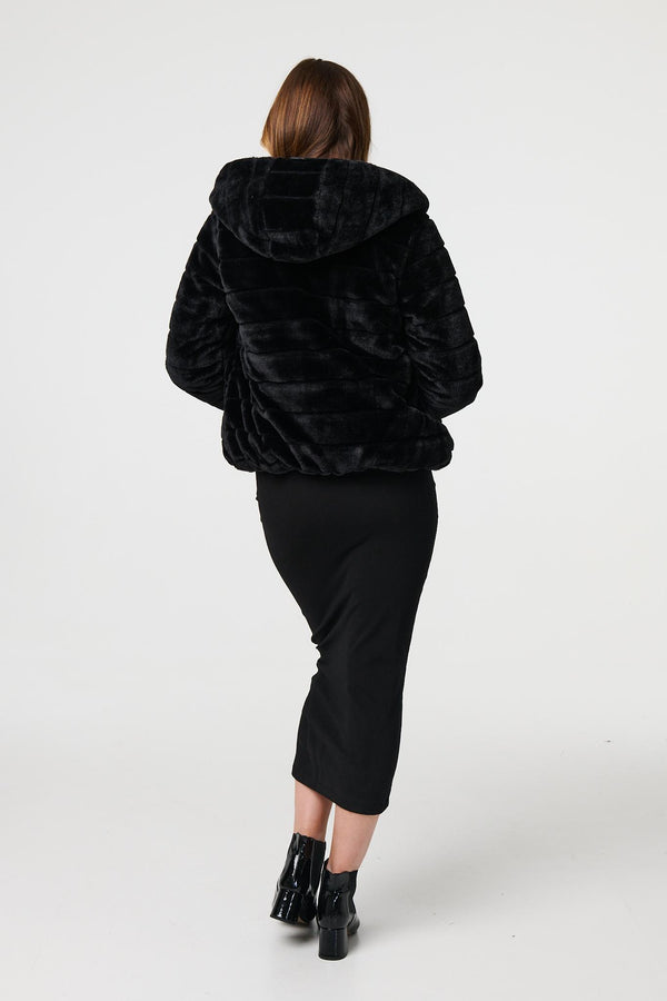 Black | Reversible Faux Fur Hooded Puffer Jacket
