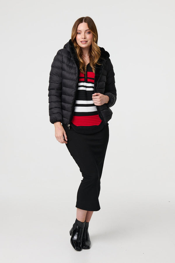 Black | Reversible Faux Fur Hooded Puffer Jacket
