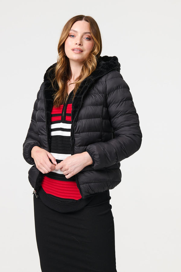 Black | Reversible Faux Fur Hooded Puffer Jacket
