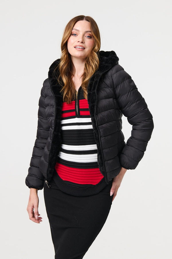 Black | Reversible Faux Fur Hooded Puffer Jacket
