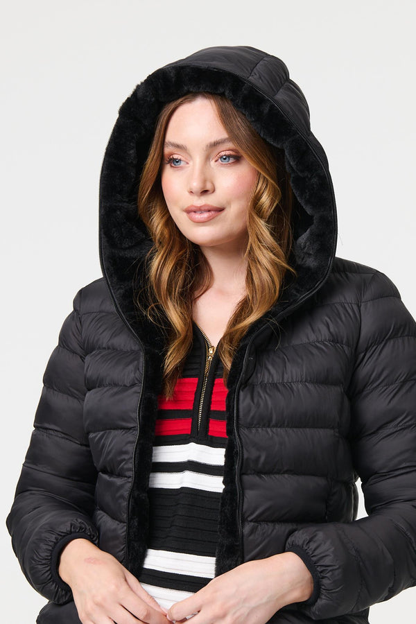 Black | Reversible Faux Fur Hooded Puffer Jacket
