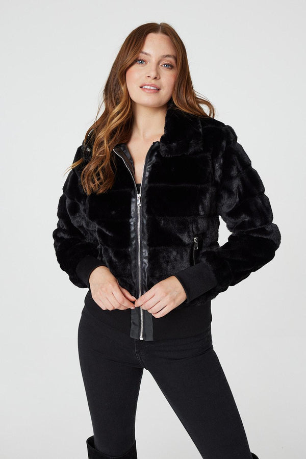 Black | Faux Fur Zip Front Jacket