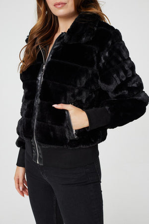 Black | Faux Fur Zip Front Jacket