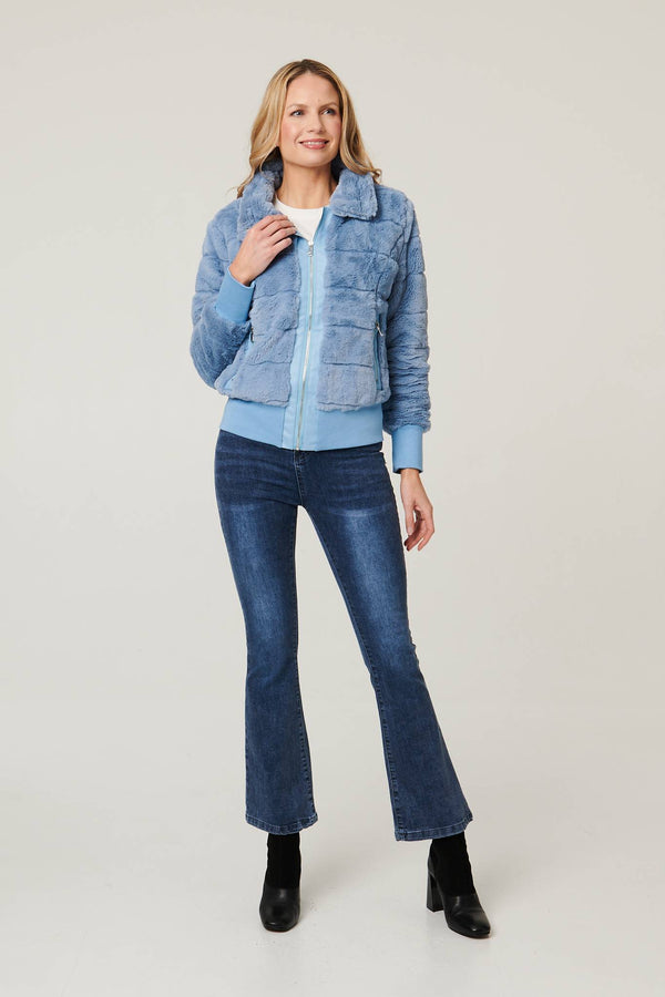 Blue | Faux Fur Zip Front Jacket